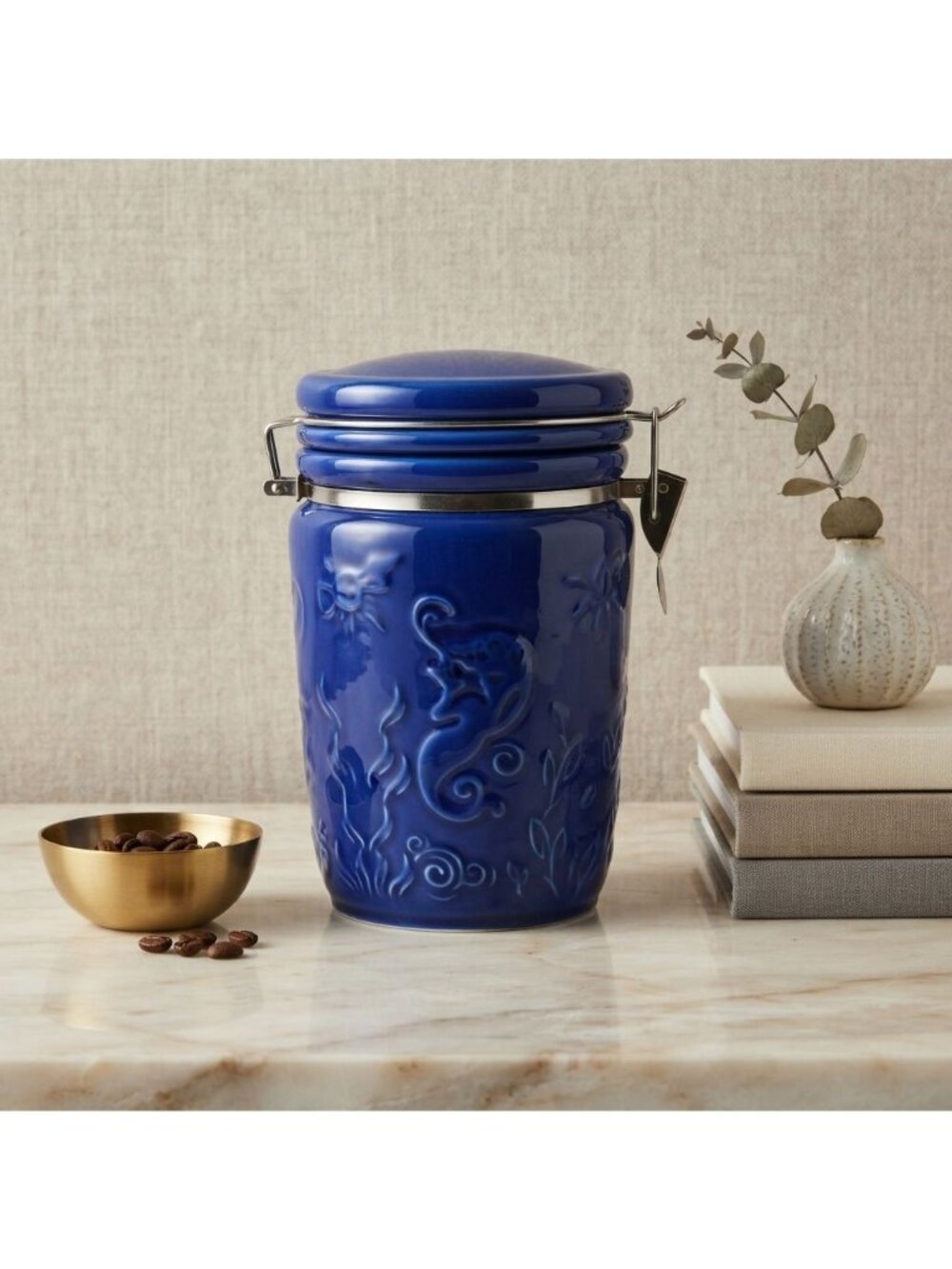 Starbucks Blue Ceramic Coffee Bean Canister Airtight Clamp Lid Mermaid Siren